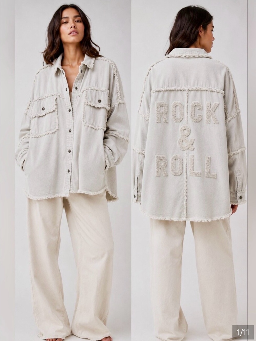 Elan Light Beige Frayed Oversized Shacket with 'Rock & Roll' Back